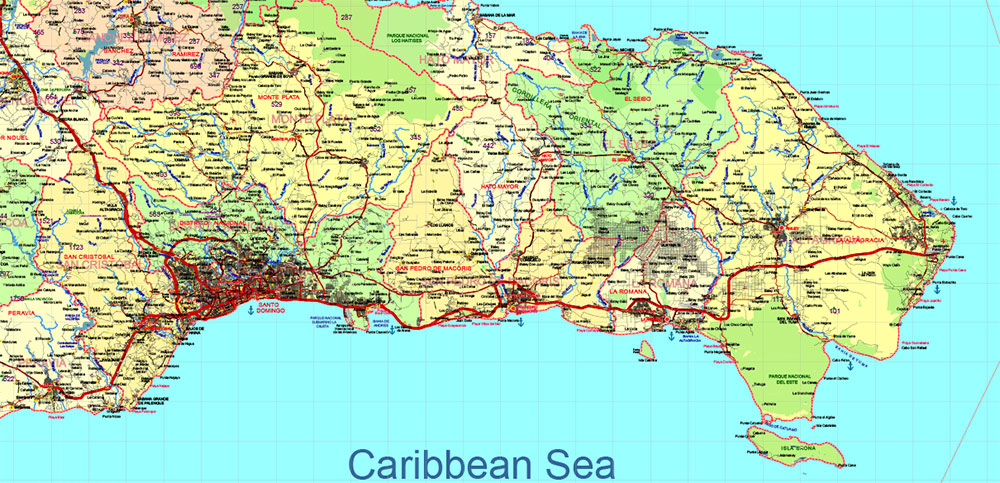 Dominicana and Haiti HD Vector Map high detailed roads editable layered in Adobe Illustrator