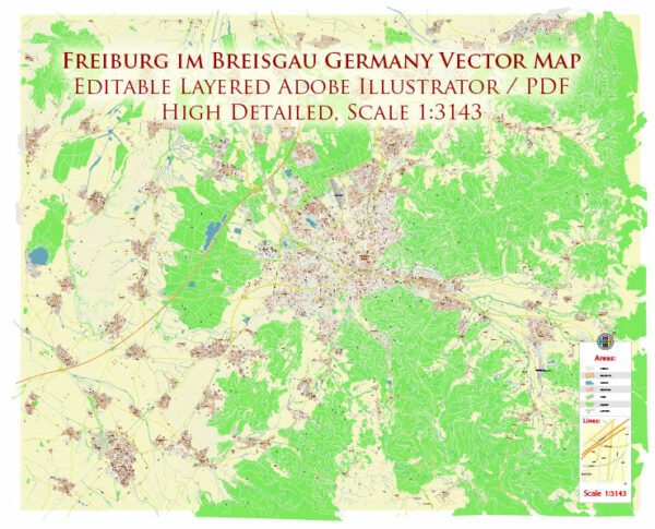 Freiburg im Breisgau Germany Map Vector Exact City Plan High Detailed Street Map editable Adobe Illustrator in layers