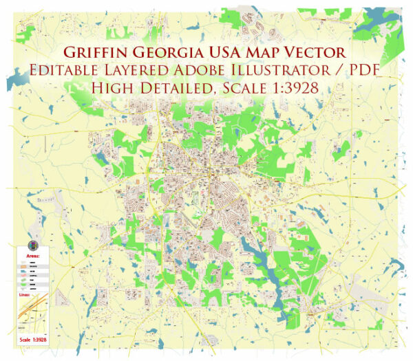 Griffin Georgia USA Map Vector Exact City Plan High Detailed Street Map editable Adobe Illustrator in layers