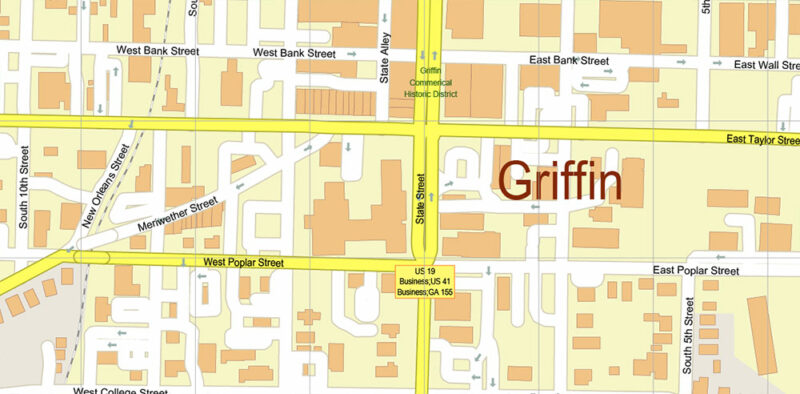 Griffin Georgia USA Map Vector Exact City Plan High Detailed Street Map editable Adobe Illustrator in layers