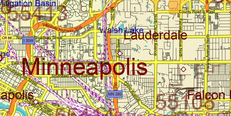 Minnesota State US Vector Map: Full Extra High Detailed (all roads, zipcodes, airports) + Admin Areas + main road names and shields editable Adobe Illustrator in layers