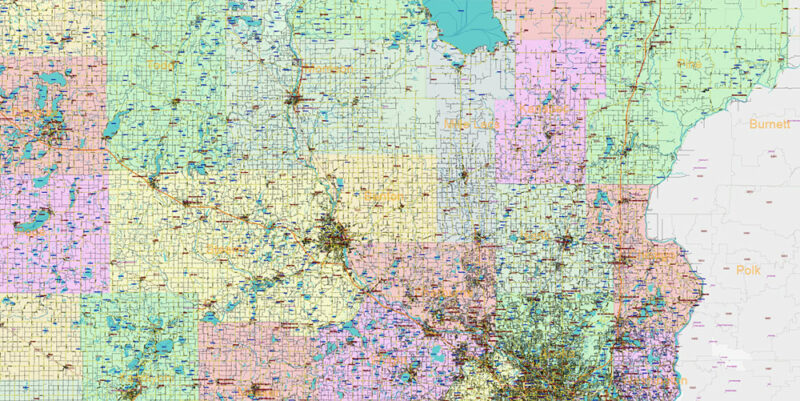 Minnesota State US Vector Map: Full Extra High Detailed (all roads, zipcodes, airports) + Admin Areas + main road names and shields editable Adobe Illustrator in layers