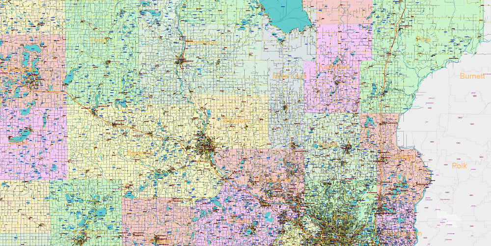 Minnesota State US Vector Map: Full Extra High Detailed (all roads, zipcodes, airports) + Admin Areas + main road names and shields editable Adobe Illustrator in layers