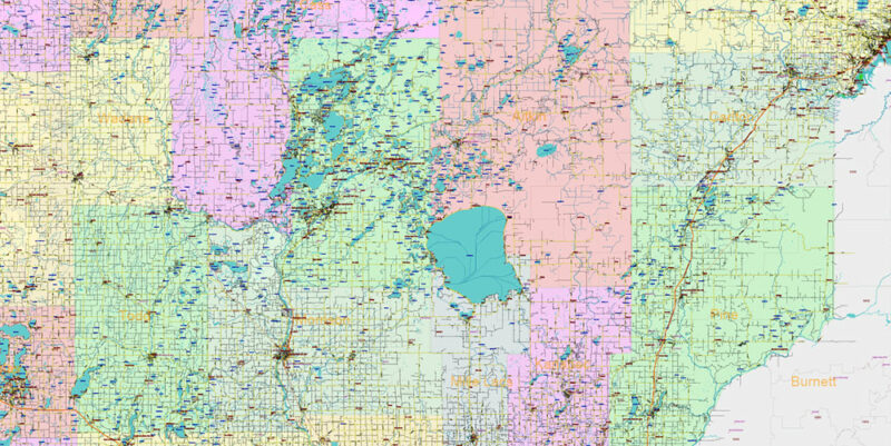 Minnesota State US Vector Map: Full Extra High Detailed (all roads, zipcodes, airports) + Admin Areas + main road names and shields editable Adobe Illustrator in layers