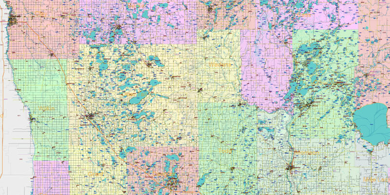 Minnesota State US Vector Map: Full Extra High Detailed (all roads, zipcodes, airports) + Admin Areas + main road names and shields editable Adobe Illustrator in layers