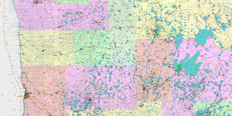 Minnesota State US Vector Map: Full Extra High Detailed (all roads, zipcodes, airports) + Admin Areas + main road names and shields editable Adobe Illustrator in layers