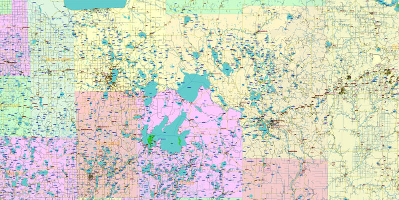 Minnesota State US Vector Map: Full Extra High Detailed (all roads, zipcodes, airports) + Admin Areas + main road names and shields editable Adobe Illustrator in layers