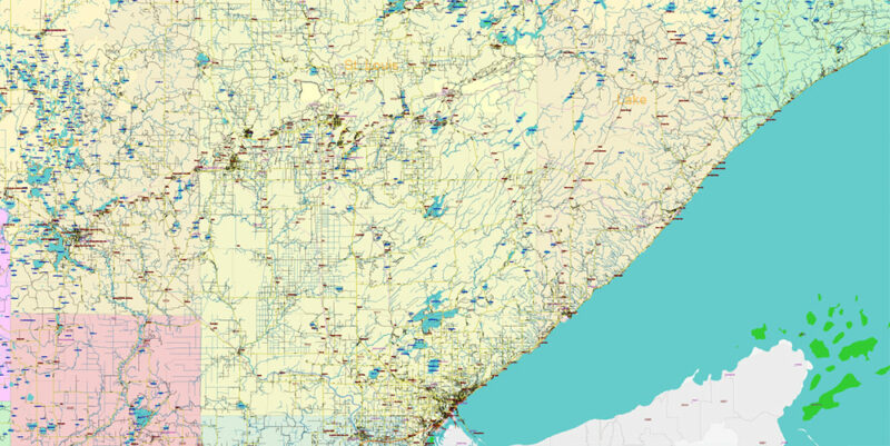 Minnesota State US Vector Map: Full Extra High Detailed (all roads, zipcodes, airports) + Admin Areas + main road names and shields editable Adobe Illustrator in layers