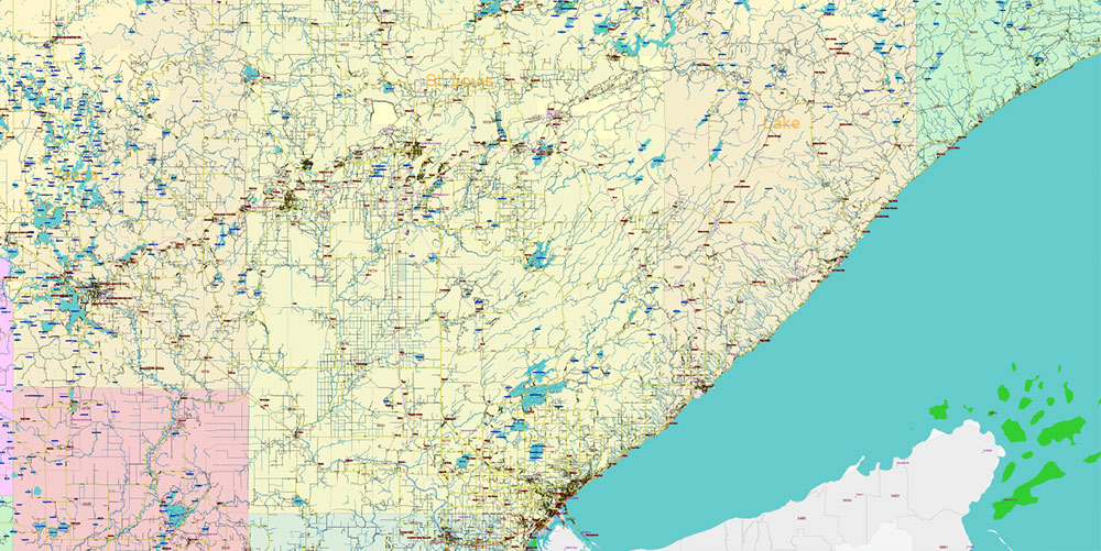 Minnesota State US Vector Map: Full Extra High Detailed (all roads, zipcodes, airports) + Admin Areas + main road names and shields editable Adobe Illustrator in layers