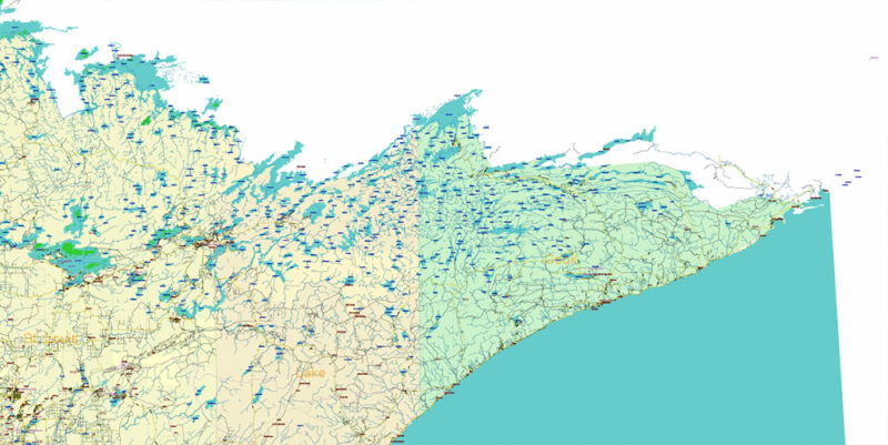 Minnesota State US Vector Map: Full Extra High Detailed (all roads, zipcodes, airports) + Admin Areas + main road names and shields editable Adobe Illustrator in layers