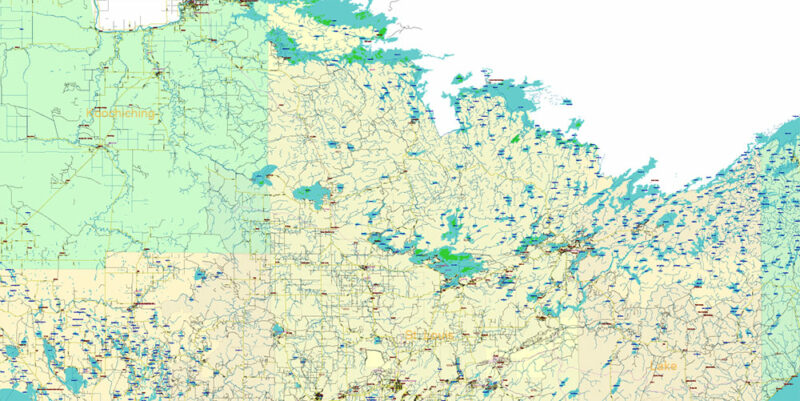 Minnesota State US Vector Map: Full Extra High Detailed (all roads, zipcodes, airports) + Admin Areas + main road names and shields editable Adobe Illustrator in layers