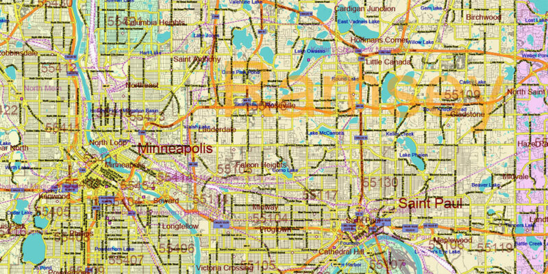 Minnesota State US Vector Map: Full Extra High Detailed (all roads, zipcodes, airports) + Admin Areas + main road names and shields editable Adobe Illustrator in layers