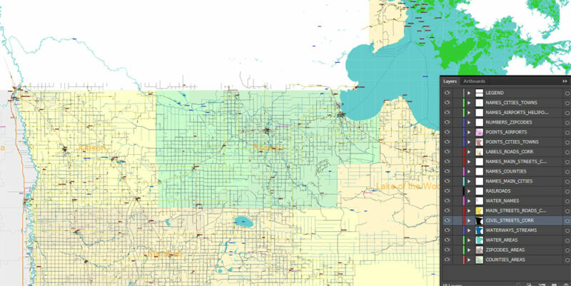 Minnesota State US Vector Map: Full Extra High Detailed (all roads, zipcodes, airports) + Admin Areas + main road names and shields editable Adobe Illustrator in layers
