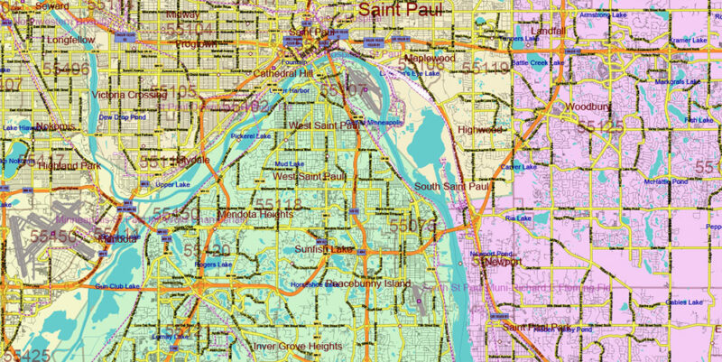 Minnesota State US Vector Map: Full Extra High Detailed (all roads, zipcodes, airports) + Admin Areas + main road names and shields editable Adobe Illustrator in layers