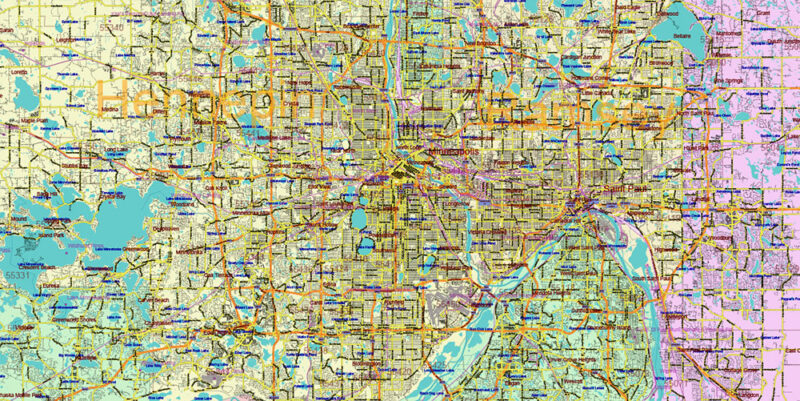 Minnesota State US Vector Map: Full Extra High Detailed (all roads, zipcodes, airports) + Admin Areas + main road names and shields editable Adobe Illustrator in layers