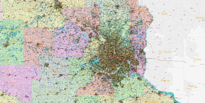Minnesota State US Vector Map: Full Extra High Detailed (all roads, zipcodes, airports) + Admin Areas + main road names and shields editable Adobe Illustrator in layers