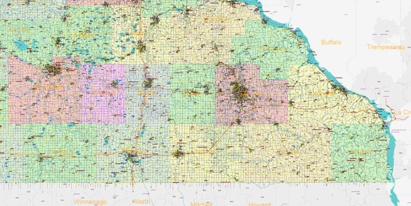 Minnesota State US Vector Map: Full Extra High Detailed (all roads, zipcodes, airports) + Admin Areas + main road names and shields editable Adobe Illustrator in layers