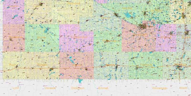 Minnesota State US Vector Map: Full Extra High Detailed (all roads, zipcodes, airports) + Admin Areas + main road names and shields editable Adobe Illustrator in layers