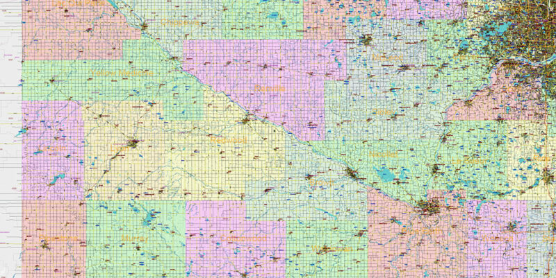 Minnesota State US Vector Map: Full Extra High Detailed (all roads, zipcodes, airports) + Admin Areas + main road names and shields editable Adobe Illustrator in layers
