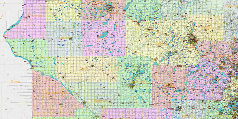 Minnesota State US Vector Map: Full Extra High Detailed (all roads, zipcodes, airports) + Admin Areas + main road names and shields editable Adobe Illustrator in layers