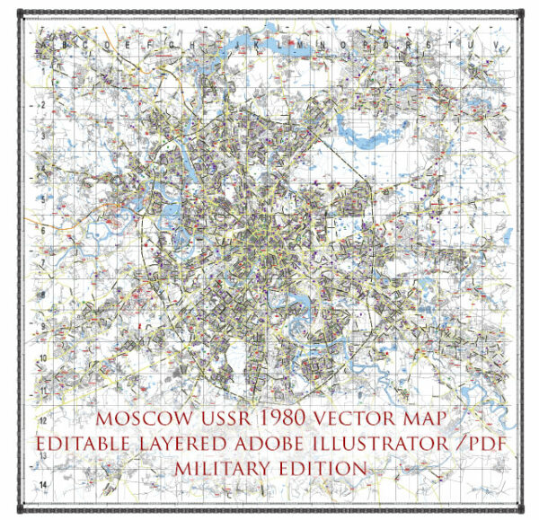 Moscow USSR 1980 vector map military edition (RUSSIAN NAMES) editable layered Adobe Illustrator