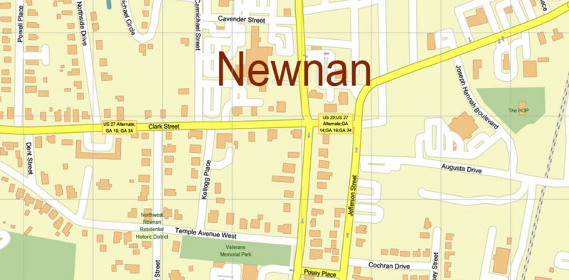 Newnan Georgia USA Map Vector Exact City Plan High Detailed Street Map editable Adobe Illustrator in layers