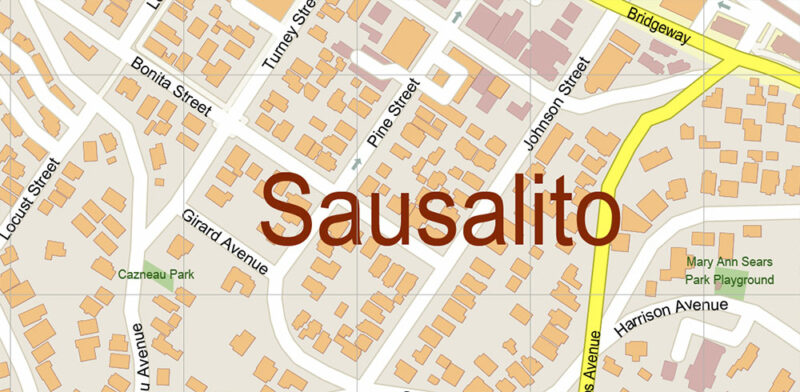 Sausalito California USA Map Vector Exact City Plan High Detailed Street Map editable Adobe Illustrator in layers