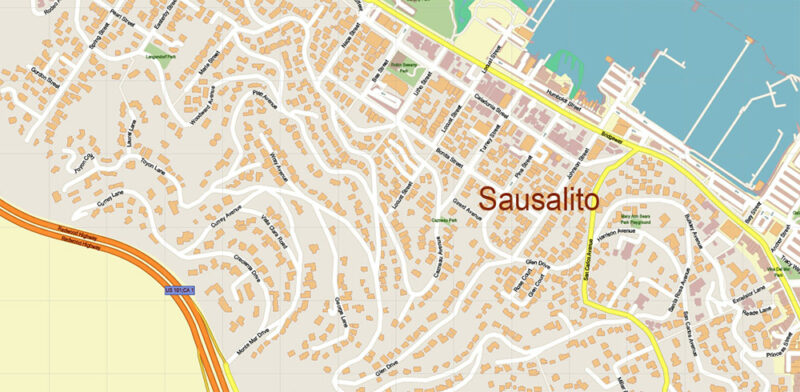 Sausalito California USA Map Vector Exact City Plan High Detailed Street Map editable Adobe Illustrator in layers