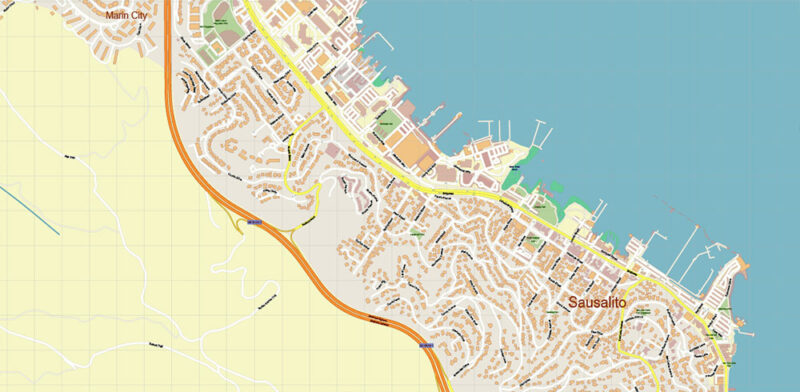 Sausalito California USA Map Vector Exact City Plan High Detailed Street Map editable Adobe Illustrator in layers