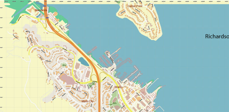 Sausalito California USA Map Vector Exact City Plan High Detailed Street Map editable Adobe Illustrator in layers