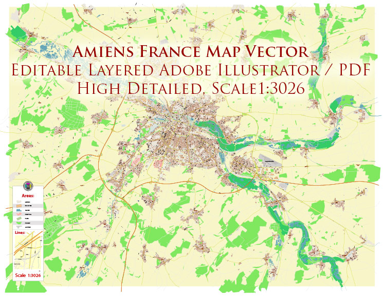 Amiens France Vector Map High Detailed fully editable Street Map Adobe Illustrator in layers