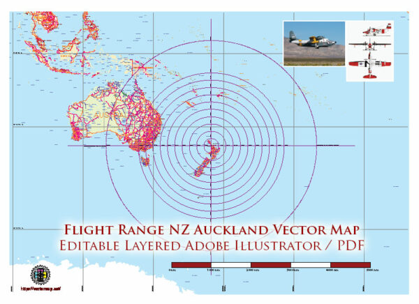 4500 NM Radius Auckland New Zealand Mercator Projection Vector Map High detailed fully editable, Adobe Illustrator