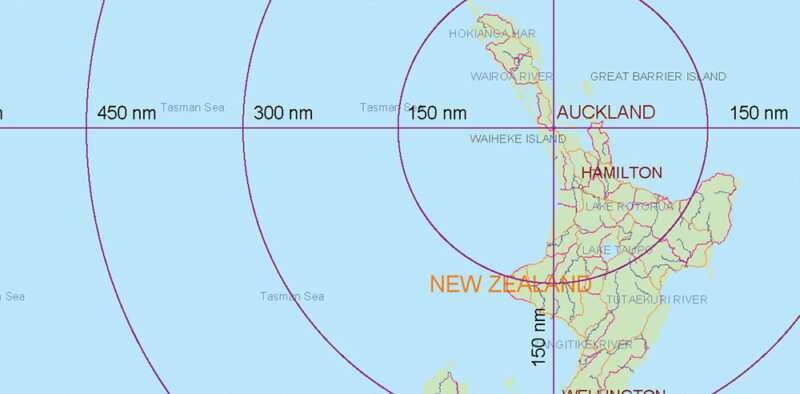 4500 NM Radius Auckland New Zealand Mercator Projection Vector Map High detailed fully editable, Adobe Illustrator
