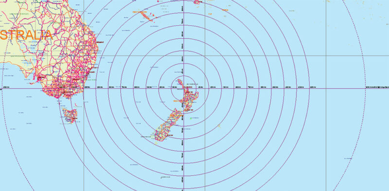 4500 NM Radius Auckland New Zealand Mercator Projection Vector Map High detailed fully editable, Adobe Illustrator