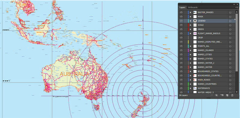 4500 NM Radius Auckland New Zealand Mercator Projection Vector Map High detailed fully editable, Adobe Illustrator