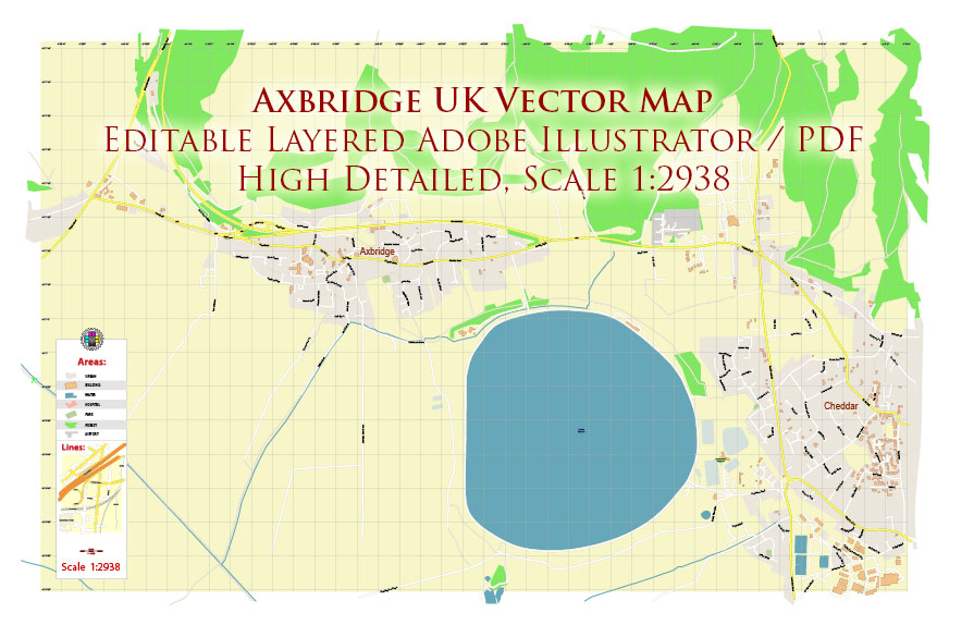 Axbridge UK Map Vector Exact City Plan High Detailed Street Map editable Adobe Illustrator in layers