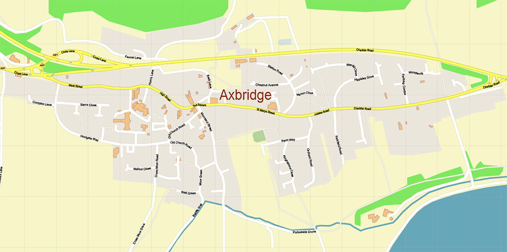 Axbridge UK Map Vector Exact City Plan High Detailed Street Map editable Adobe Illustrator in layers