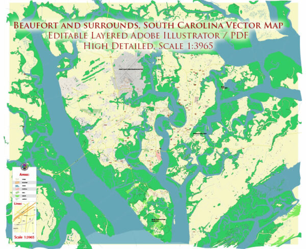 Beaufort and surrounds South Carolina USA Map Vector Exact City Plan High Detailed Street Map editable Adobe Illustrator in layers