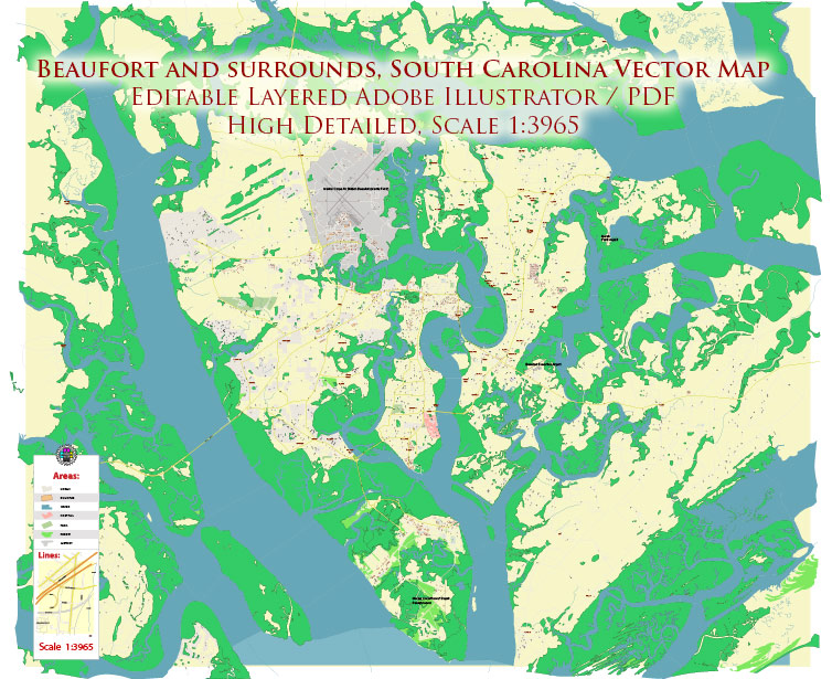 Beaufort and surrounds South Carolina USA PDF Map Vector Exact City Plan High Detailed Street Map editable Adobe PDF in layers