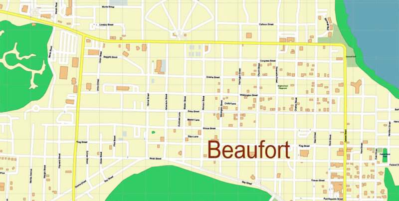 Beaufort and surrounds South Carolina USA Map Vector Exact City Plan High Detailed Street Map editable Adobe Illustrator in layers