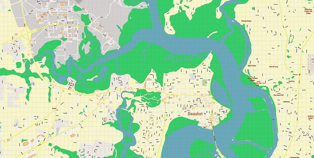 Beaufort and surrounds South Carolina USA PDF Map Vector Exact City Plan High Detailed Street Map editable Adobe PDF in layers