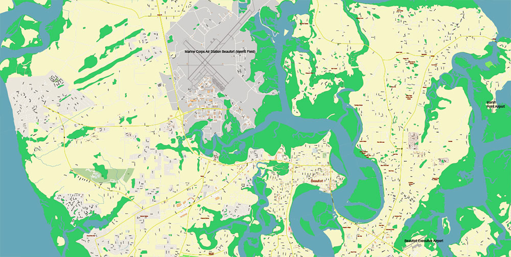 Beaufort and surrounds South Carolina USA PDF Map Vector Exact City Plan High Detailed Street Map editable Adobe PDF in layers