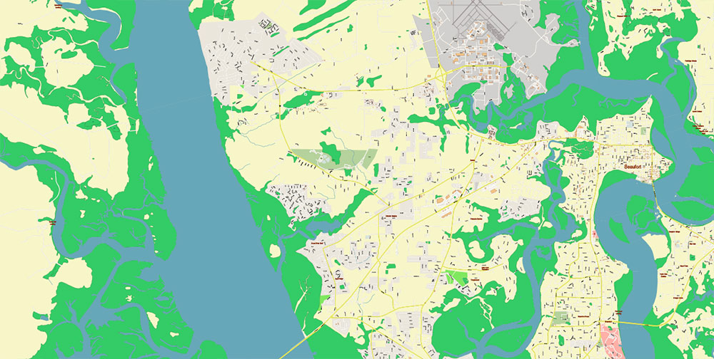 Beaufort and surrounds South Carolina USA PDF Map Vector Exact City Plan High Detailed Street Map editable Adobe PDF in layers