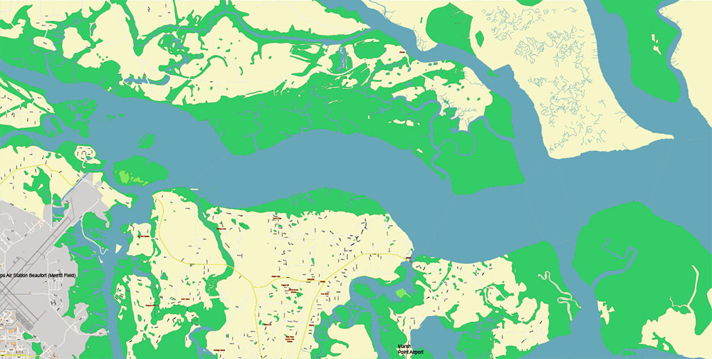 Beaufort and surrounds South Carolina USA PDF Map Vector Exact City Plan High Detailed Street Map editable Adobe PDF in layers