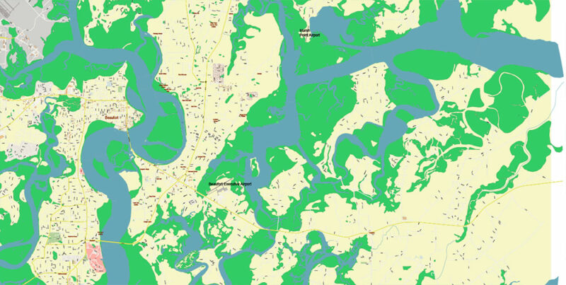 Beaufort and surrounds South Carolina USA Map Vector Exact City Plan High Detailed Street Map editable Adobe Illustrator in layers