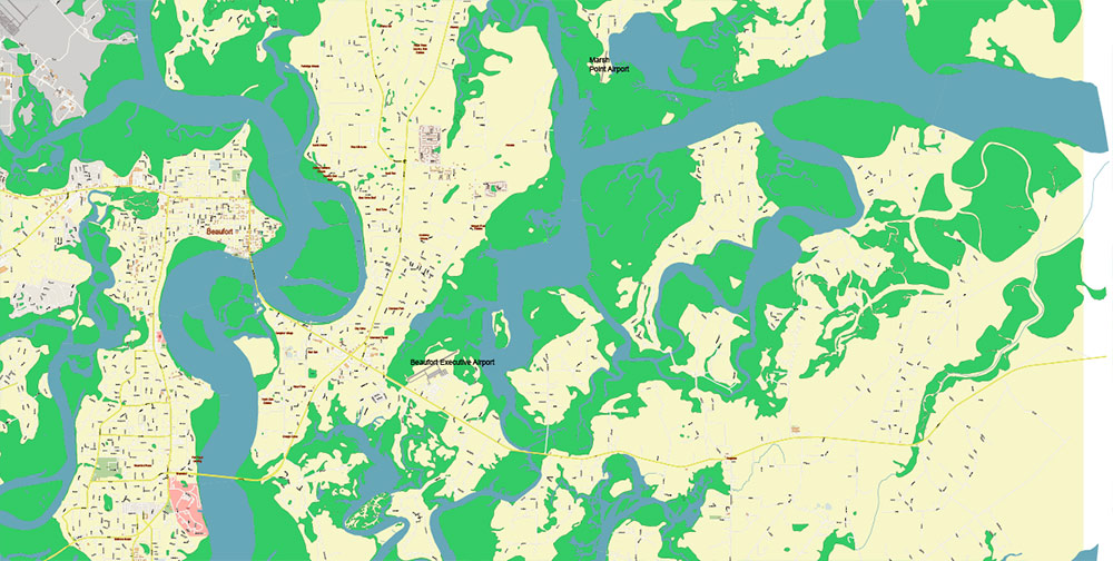 Beaufort and surrounds South Carolina USA PDF Map Vector Exact City Plan High Detailed Street Map editable Adobe PDF in layers
