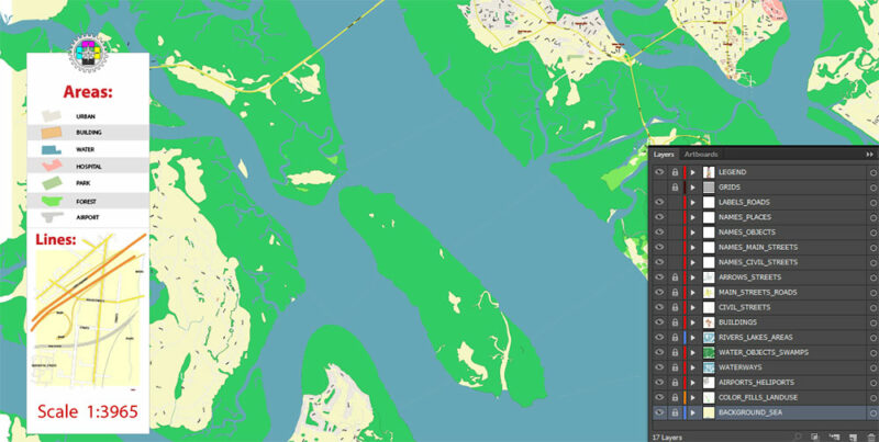Beaufort and surrounds South Carolina USA Map Vector Exact City Plan High Detailed Street Map editable Adobe Illustrator in layers