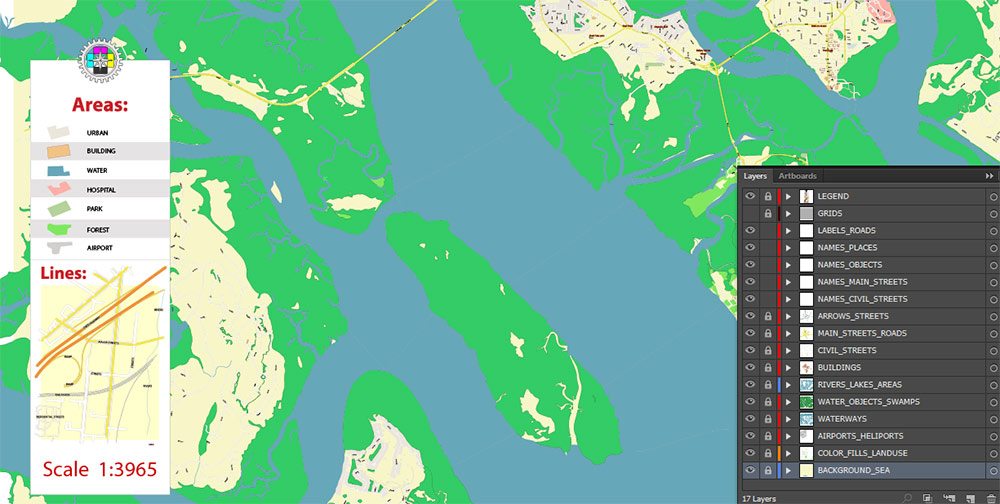 Beaufort and surrounds South Carolina USA PDF Map Vector Exact City Plan High Detailed Street Map editable Adobe PDF in layers