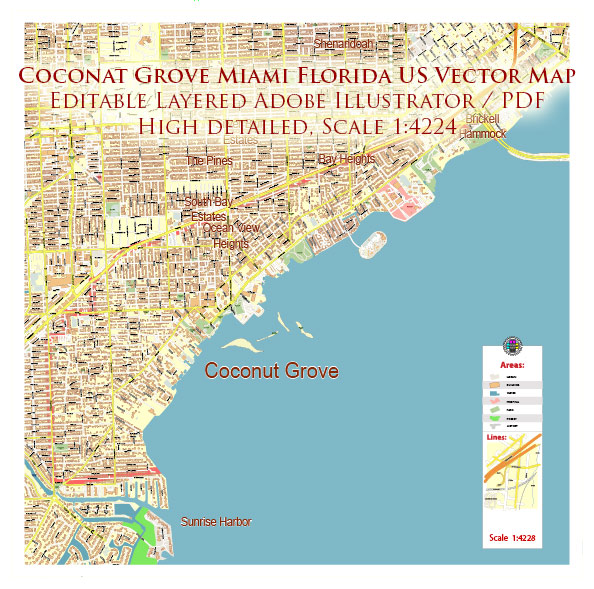 Coconut Grove Miami Florida US Map Vector Exact City Plan High Detailed Street Map editable Adobe Illustrator and PDF in layers
