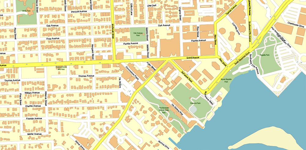 Coconut Grove Miami Florida US Map Vector Exact City Plan High Detailed Street Map editable Adobe Illustrator and PDF in layers
